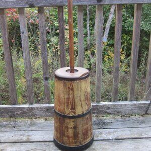 Wooden Butter Churn with Dasher Antique Primitive Farmhouse Off Grid Metal Bands